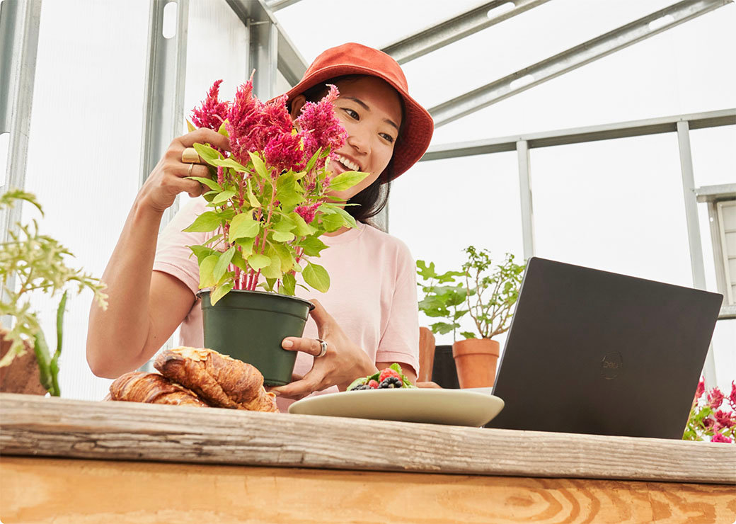 Kvinne arbeider en plante og ser på en bærbar PC