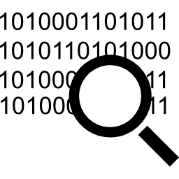 Code search interface symbol of a magnifier on binary code numbers icon