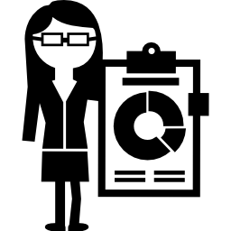 professorin mit brille und wirtschaft kreisförmige grafik auf einer zwischenablage icon