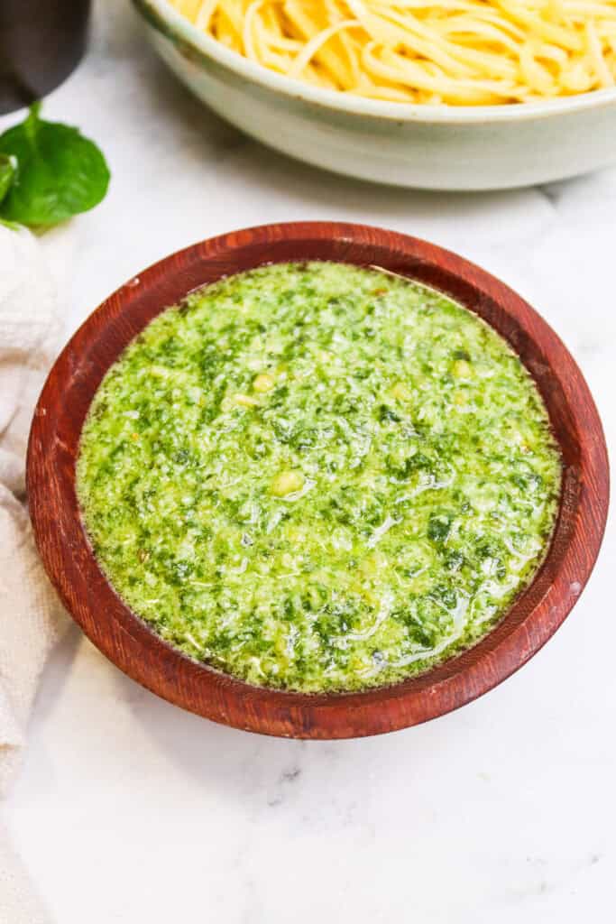 Basil pesto bowl shot from above