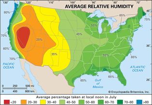 average July relative humidity values: continental United States