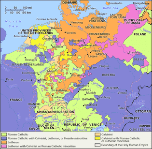 Range of confessions in Germany as a result of the Thirty Years' War, 1650