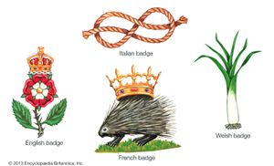 The image shows four badges. The Italian badge looks like a rope; the Welsh badge looks like a leek; the French badge looks like a hedgehog wearing a crown; and the English badge looks like a rose wearing a crown.