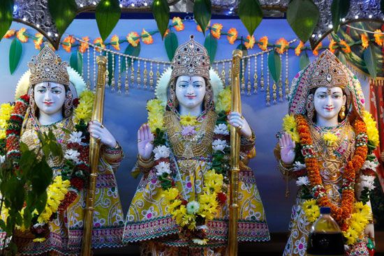 Murtis of Rama, Lakshmana, and Sita in a Hindu temple