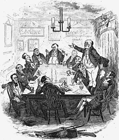 Illustration of Samuel Pickwick addressing fellow members of the Pickwick Club