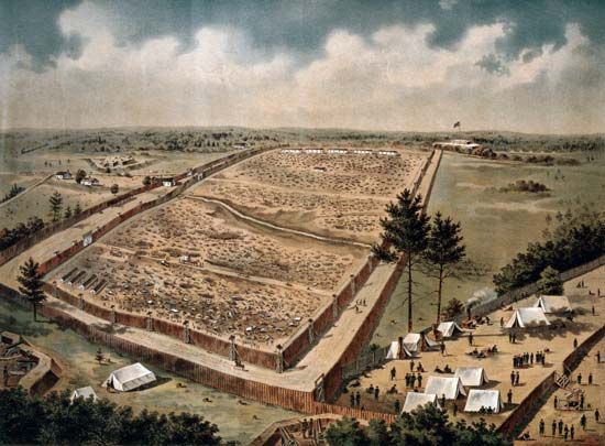 Camp Sumter, Andersonville, Georgia, colour lithograph, 1890.