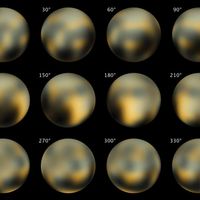 Pluto. The Changing Faces of Pluto. Most detailed view to date of the entire surface of the dwarf planet Pluto, as constructed from multiple NASA Hubble Space Telescope photographs taken from 2002 to 2003.