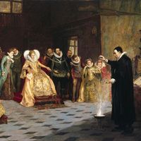 "John Dee performing an experiment before Queen Elizabeth I" by Henry Gillard Glindoni. Oil painting 18th century. Pentimento, occult, sorcery, magic.