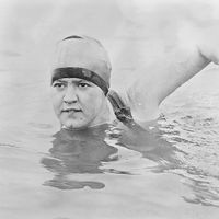 Gertrude Ederle or Gertrude Caroline Ederle, press photo. First woman to swim the English Channel. One of the best-known American sports personages of the 1920s.