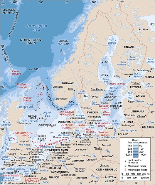 The Baltic Sea, the North Sea, and the English Channel.