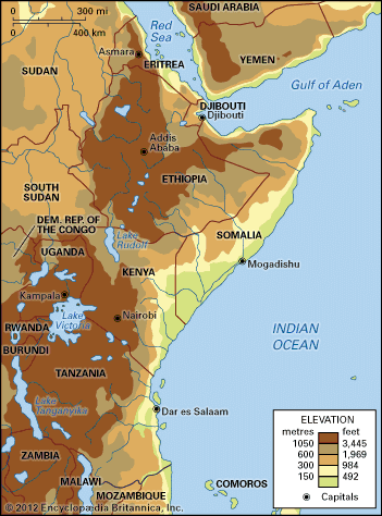 East Africa. Political/Physical map: regional, elevation.