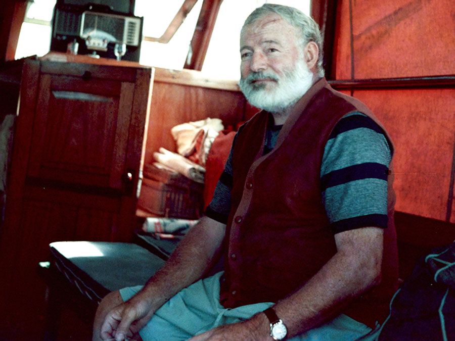 Ernest Hemingway aboard the boat "Pilar", off Cuba. Ernest Hemingway American novelist and short-story writer, awarded the Nobel Prize for Literature in 1954.