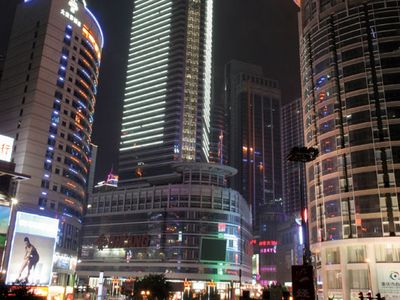 Skyscrapers at night in central Chongqing, China.