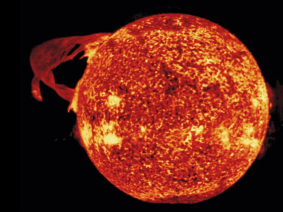 The Sun, photographed by astronauts on NASA's Skylab 4 mission (Nov. 16, 1973–Feb. 8, 1974). This image shows a spectacular solar flare, with a base more than 591,000 km (367,000 miles) across.