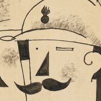 "Deux Fantassins Casques (Two Helmeted Infantrymen)" Roger de La Fresnaye, 1917. Pen and black ink with wash, 30.8x19.4 cm