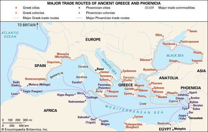 Interactive map of major trade routes of ancient Greece and Phoenicia