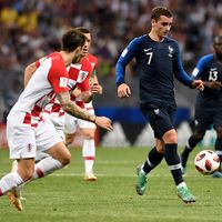 Antoine Griezmamm of France kicks the ball during the FIFA 2018 World Cup in the finals match between France and Croatia at Luzhniki Stadium, Moscow, Russia, July 15, 2018. (soccer, football, sports)