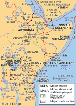 major states, peoples, and trade routes of eastern Africa, c. 1850