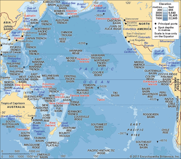 The Pacific Ocean, with depth contours and submarine features