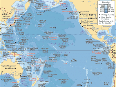 The Pacific Ocean, with depth contours and submarine features