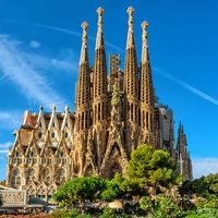 Nativity facade of Sagrada Familia cathedral in Barcelona, Spain. Cathedral of La Sagrada Familia, designed by Antonio Guadi.