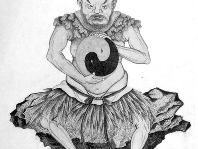 Pan Gu holding the yin–yang symbol, 19th-century European print after a Chinese drawing; in the British Museum.