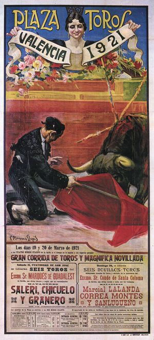 Bullfighting poster showing the matador Granero with the muleta, by Carlos Ruano Llopis, 1921.