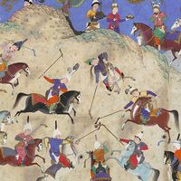 "Siyavush Plays Polo before Afrasiyab" folio 180v from the Shahnama (Book of Kings) of Shah Tahmasp by Abu'l Qasim Firdausi; painting attributed to Qasim ibn 'Ali, c. 1525-30 Tabriz, Iran. Opaque watercolor, ink, silver, and gold on paper.