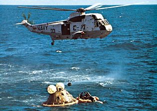 U.S. Navy recovery helicopter above the Apollo 16 spacecraft