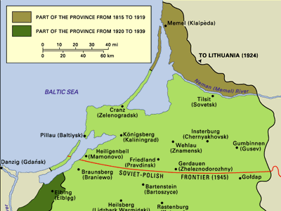 Post-World War I and post-World War II boundary changes of the area of former East Prussia and its major towns.