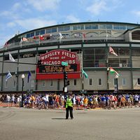 Exterior of Wrigley Field Home of the Chicago Cubs. Chicago Cubs Wrigley Field Chicago, IL. National League baseball stadium. Major League Baseball (MLB). Baseball stadium.