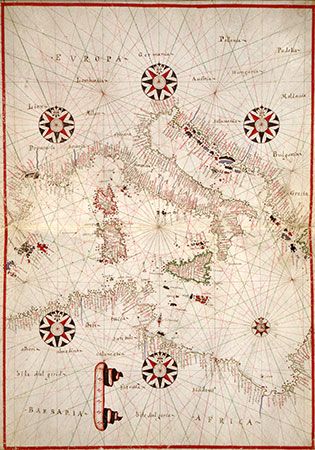 A portolan chart of Italy and the central Mediterranean Sea; at the Library of Congress, Washington, D.C.