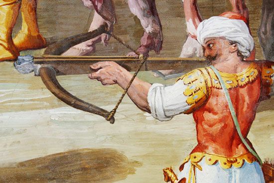 Crossbow depicted in a mural at El Escorial