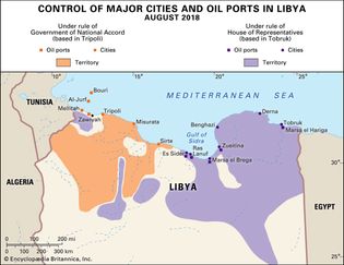 Control of major cities and oil ports in Libya, August 2018