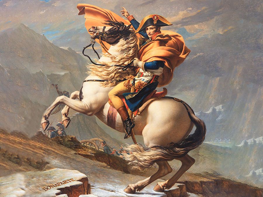 "Napoleon Crossing the Alps" oil on canvas by Jacques-Louis David, 1800; in the collection of Musee national du chateau de Malmaison.