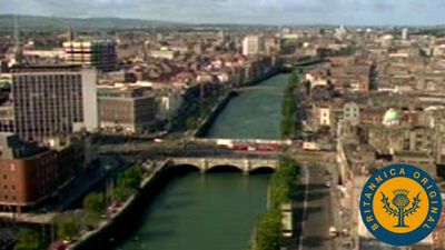 View Leinster House and other buildings along the River Liffey in Dublin, Ireland