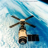 US Skylab space station in orbit. After the Apollo missions, the next major NASA venture was the Skylab manned earth satellite program. The orbiting laboratory was launched on May 14, 1973, and during the year three separate crewsof three men were sent up