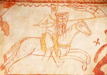 A mounted Templar charging into battle, detail of a fresco in the Templar chapel at Cressac, France.