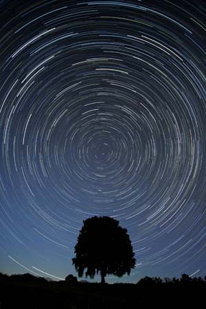 Star trails centred on the north celestial pole, located near the star Polaris in the constellation Ursa Minor.