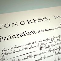 Declaration of Independence. Close-up photograph of the Declaration of Independence. July 4, 1776, Continental Congress, American history, American Revolution