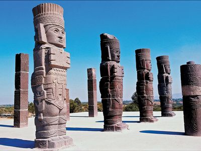 Columns depicting Toltec warriors, Tula, Mexico.