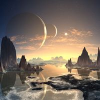 Alien planet, fantasy world, water, mountains