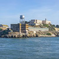 General view of Alcatraz Island, San Francisco Bay, California. (prisons, penitentiary