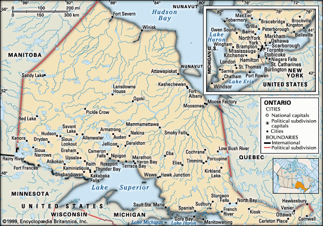 Ontario. Political map: cities. Includes locator. CORE MAP ONLY. CONTAINS IMAGEMAP TO CORE ARTICLES.