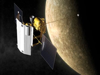 Artist's impression of the Messenger spacecraft at the planet Mercury.