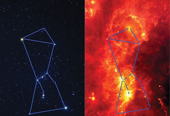 Orion in visible and infrared light