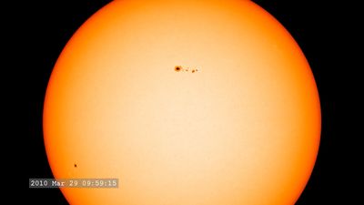 Study the zoomed-in view of a large sunspot group taken by the Helioseismic and Magnetic Imager, March 29, 2010