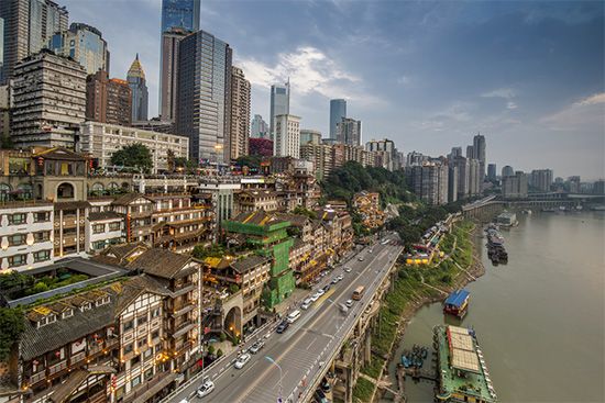 Mixture of old and new buildings in central Chongqing, China.