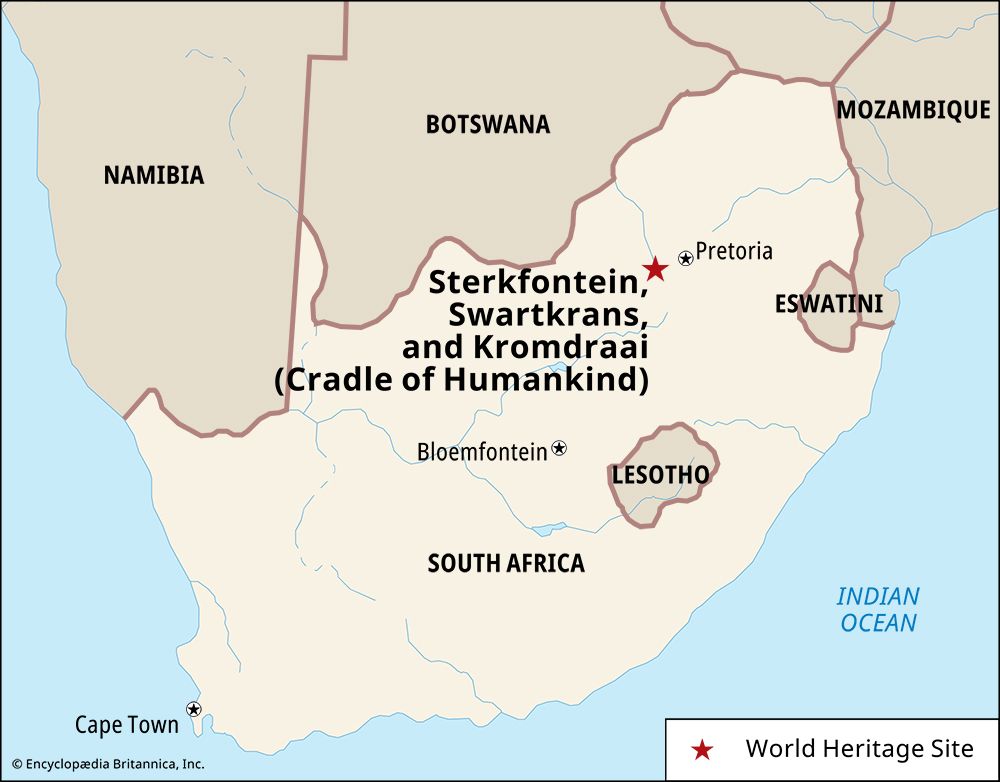 Kromdraai, Sterkfontein, and Swartkrans, South Africa, located within the Cradle of Humankind, a region designated a World Heritage site in 1999.