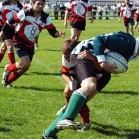 Rugby players on team, France.